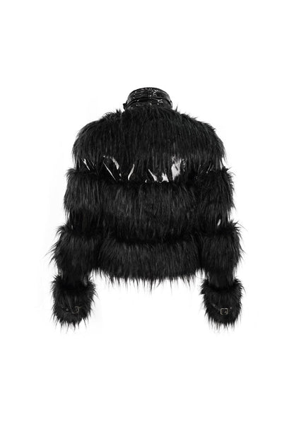Black Metal Buckle Loop Stand Up Collar Splice Patent Leather Woolen Women's Punk Coat