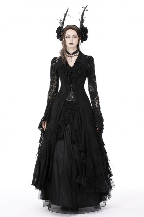 Black Lapel Collar Long Sleeves Ruffled Irregular Lace Lace-Up Women's Gothic Jacket Dress