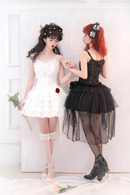 Black High Waisted Multi-layer Rose Bowknot Lace-Up Gothic Lolita Jsk Dress