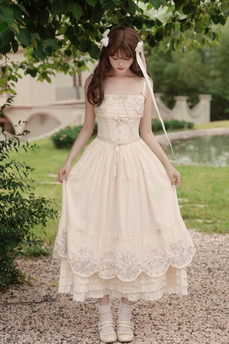 Apricot [Fantasy Butterfly] Triple-Layered Ruffle Embroidery Bowknot Lace Sweet Princess Lolita Jsk Dress