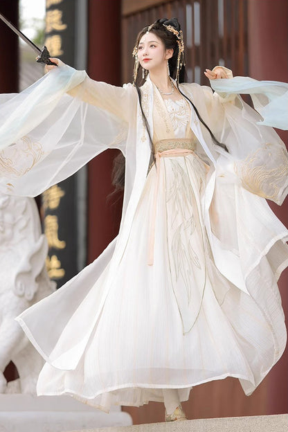 Beige Long Sleeves High Waisted Jacquard Print Embroidery Women's Sweet Hanfu Dress Full Set