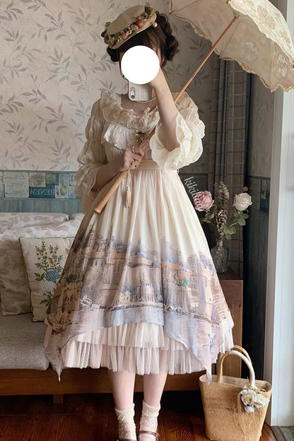 Apricot [Adria] Multi-Layered Printed Irregular Sweet Lolita Jsk Dress