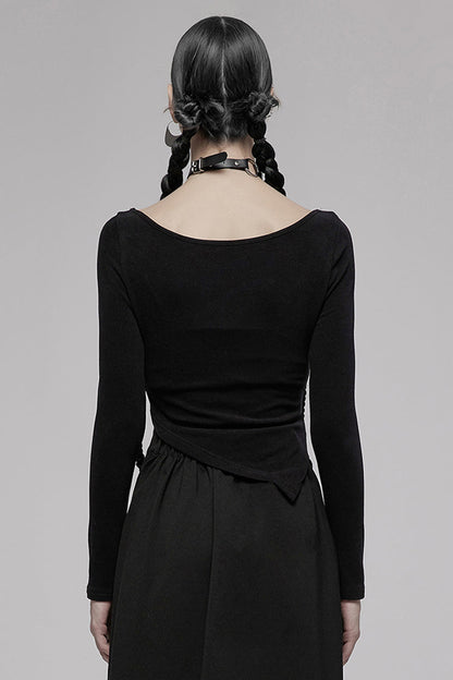 Black Asymmetric Hem Design Sexy Hollow Metal Cross-Chain Decoration Long Sleeve Women's Punk T-Shirt