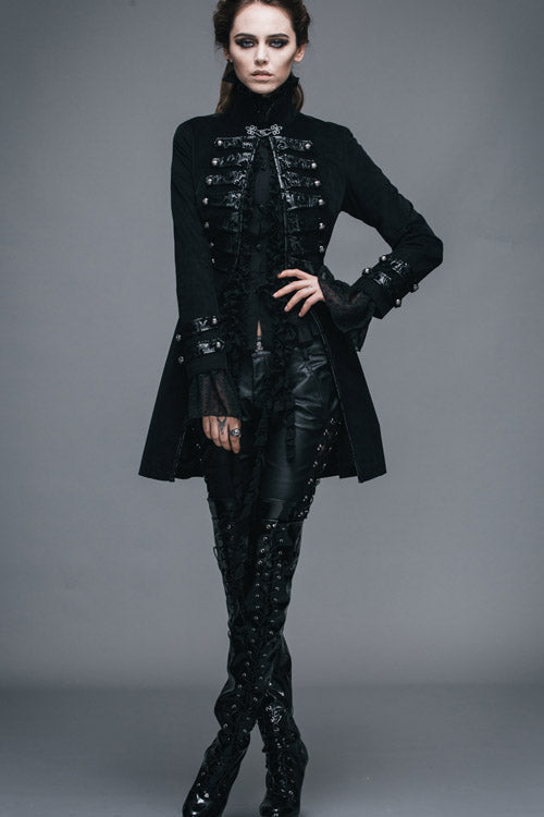 Black Floral Flocking Leather Loops Stand Collar Poncho Womens Gothic Coat