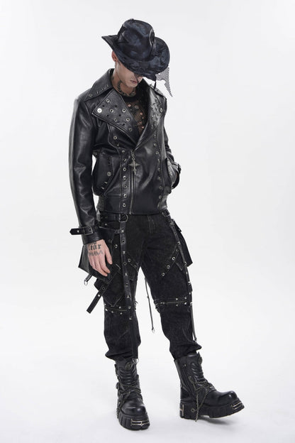 Black Lapel Collar Long Sleeves Studded Buckled Zippered Eyelet Women's Punk Jacket