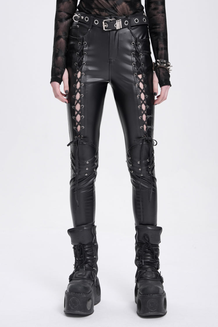 Black Lace-Up Ripped Rivet Women's Punk Pants
