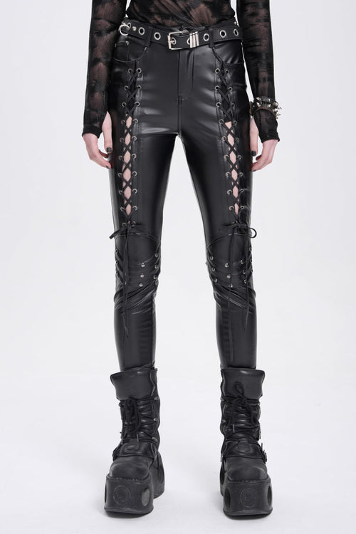 Black Lace-Up Ripped Rivet Women's Punk Pants