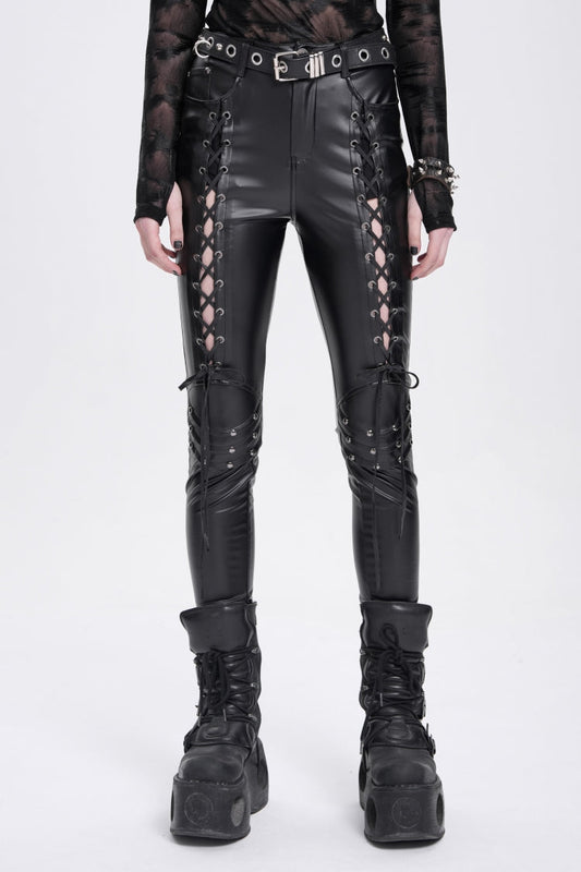 Black Lace-Up Ripped Rivet Women's Punk Pants