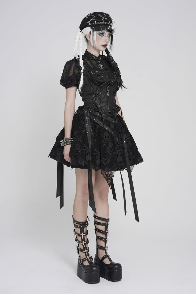 Black Bow Lace-Up Slim Zippered Women's Gothic Swallow-tailed Vest