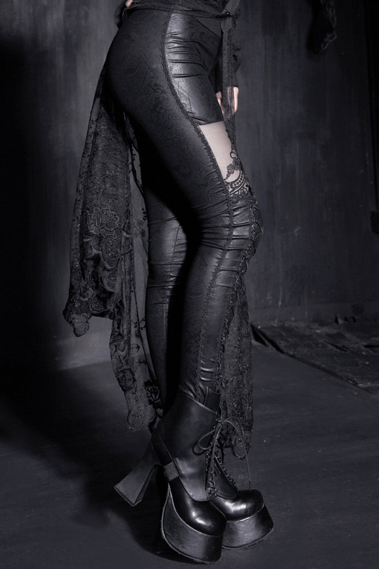 Black Flocking Bind Lace Skinny Women's Gothic Leggings