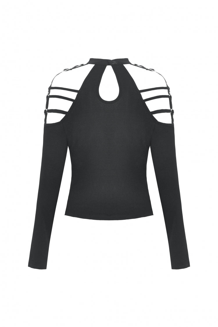 Black Off Shoulder Long Sleeves Cut-Out Buckled Women's Punk Blouse