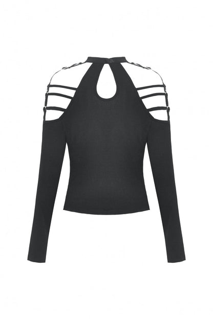 Black Off Shoulder Long Sleeves Cut-Out Buckled Women's Punk Blouse