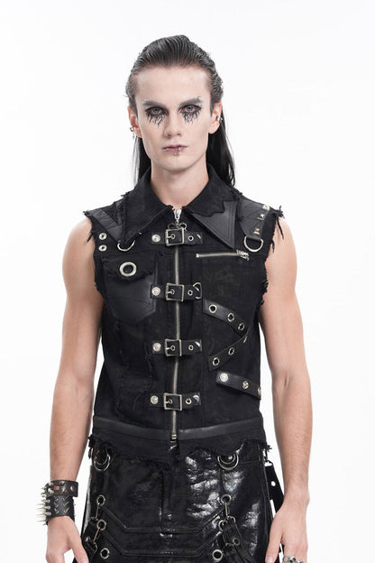 Black Lapel Collar Sleeveless Ripped Buckle Eyelets Men's Gothic Vest