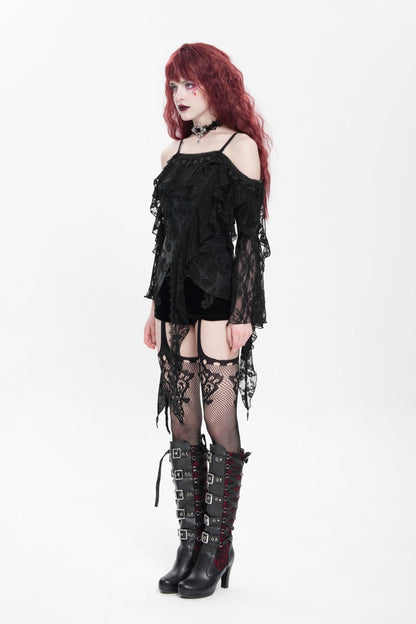 Black Off Shoulder Long Trumpet Sleeves Ruffle Women's Gothic Slip Blouse