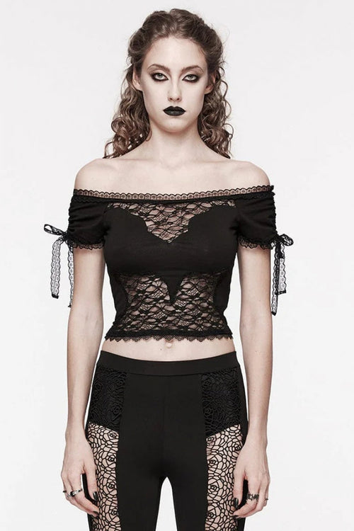 Black Off Shoulder Short Sleeves Hollow Bowknot Lace Women's Gothic Top