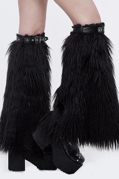 Black Leather Decorated Adjustable Women's Gothic Wool Leg Warmer Accessory