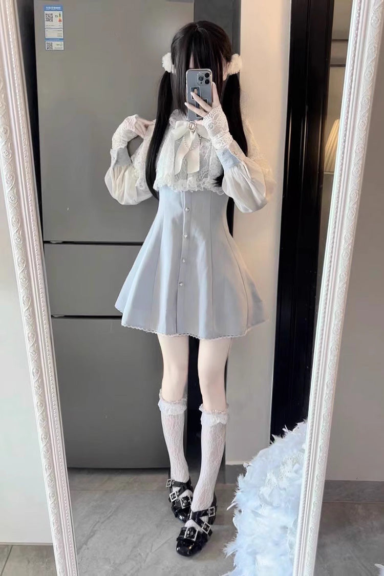 Aqua Shawl Lace Chiffon Long Sleeves Lace Slim Jirai Kei Dress