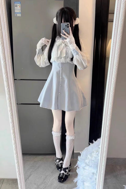 Aqua Shawl Lace Chiffon Long Sleeves Lace Slim Jirai Kei Dress