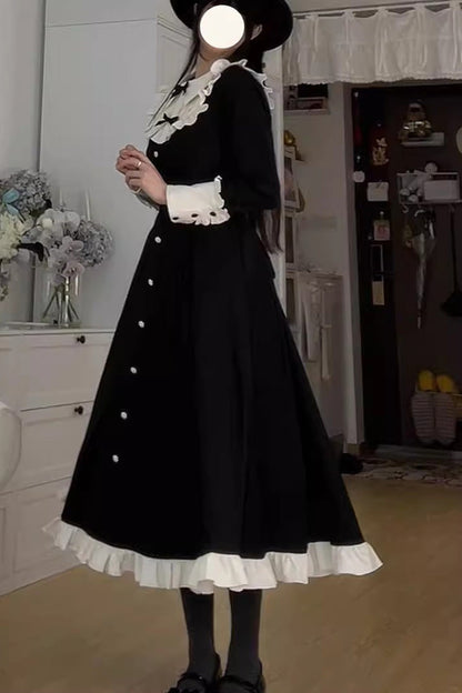 Black Long Sleeves Ruffle Bowknot Vintage Elegant Lolita Dress Two Pieces Set