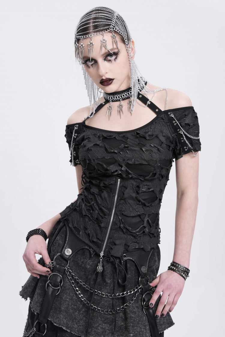 Black Off Shoulder Halterneck Ripped Women's Punk Blouse