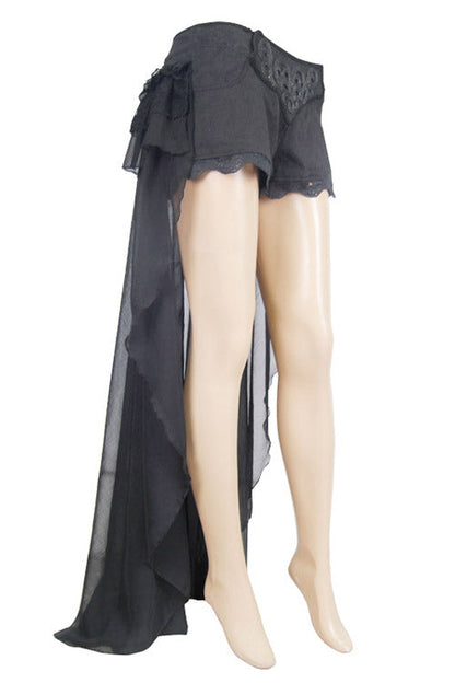 Back Front Buckle Waist Lace Up Chiffon Lace Hem Gothic Short Womens Pants