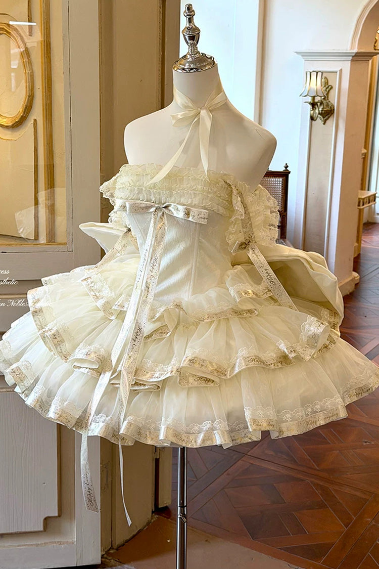 Apricot [Princess Ribbon] Off Shoulder Triple-Layered Ruffle Bowknot Sweet Lolita Dress