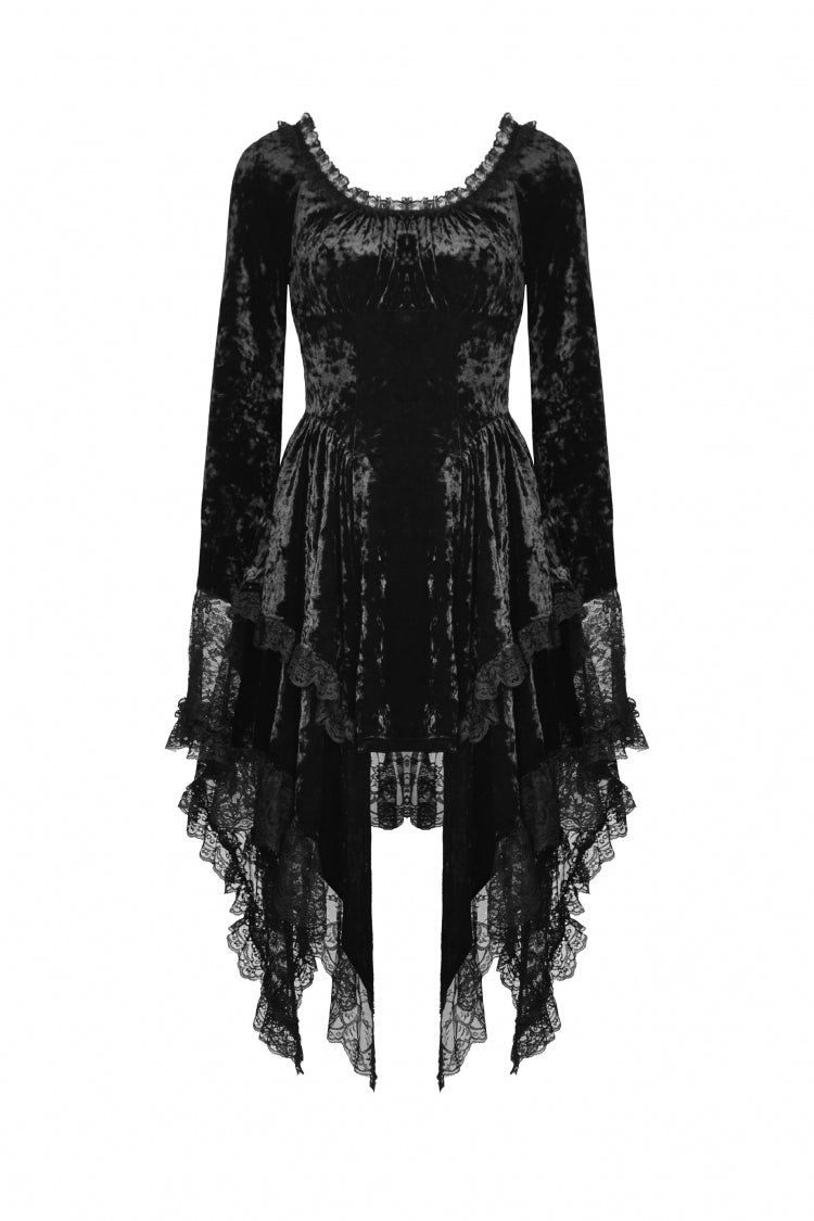 Black Irregular Long Trumpet Sleeves Lace Spliced Women's Gothic Velvet Graduation Dress