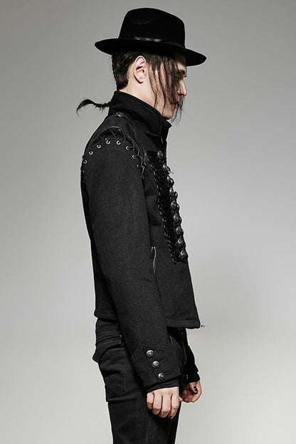 Black Metal Retro Button Decoration Long Sleeves Double Breasted Mens Steampunk Coat