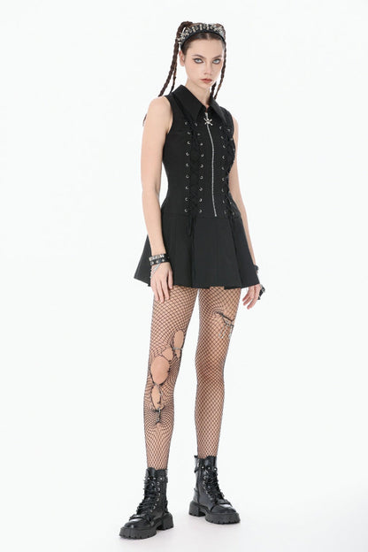 Black Point Collar Sleeveless Skull Zip Women's Punk Dress