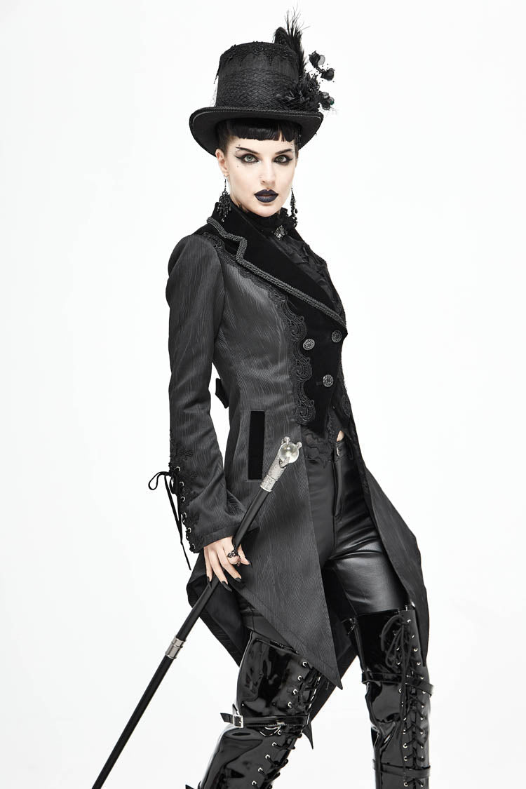 Black Front Decals Metal Button Lace-Up Cuff Dovetail Hem Striped Jacquard Women's Gothic Coat