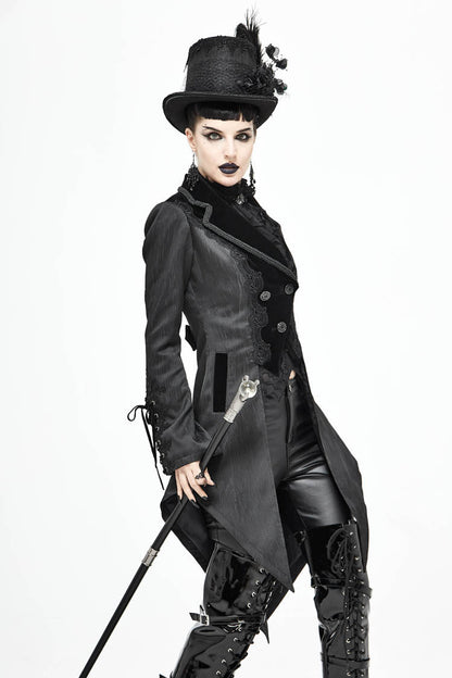 Black Front Decals Metal Button Lace-Up Cuff Dovetail Hem Striped Jacquard Women's Gothic Coat