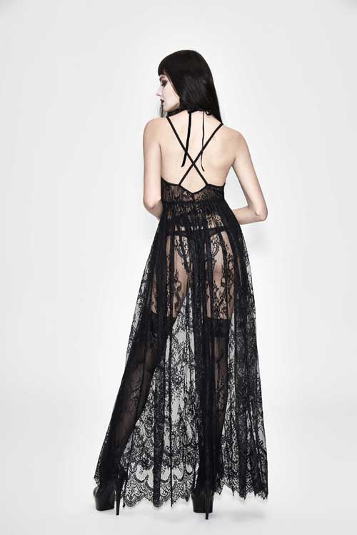 Black Mysterious Night Transparent Lace High Waist Sexy Halter Long Gothic Womens Dress