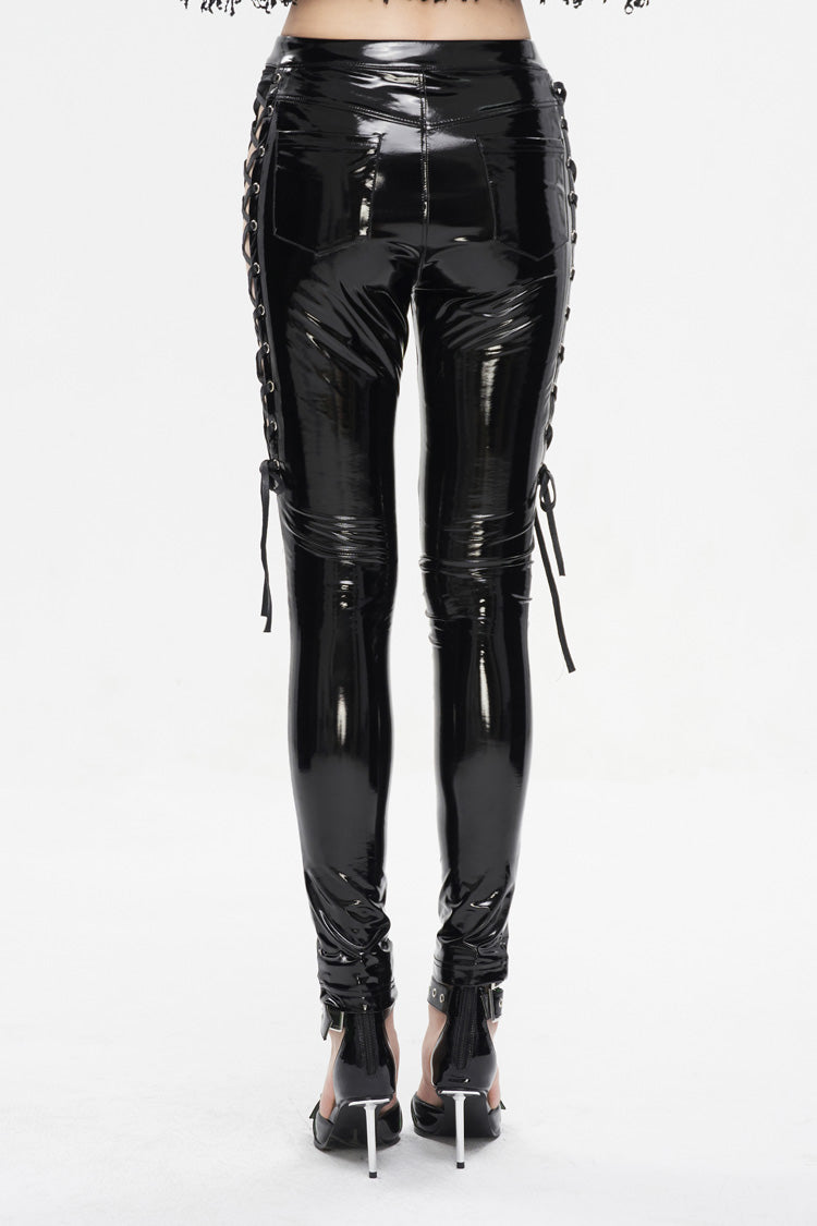Black Patent Leather Side Cutout Lace Up Women's Punk Pants