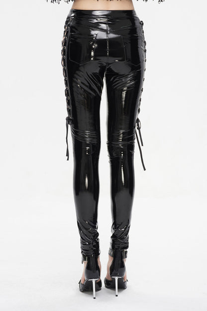 Black Patent Leather Side Cutout Lace Up Women's Punk Pants
