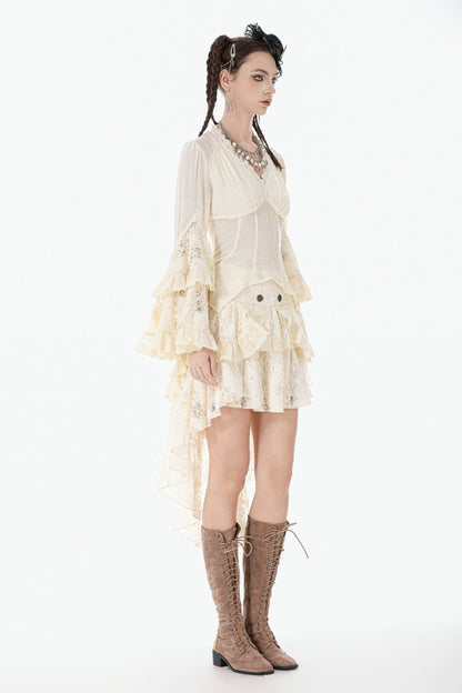 Beige V Collar Long Trumpet Sleeves Multi-Layered Lace-Up Women's Stempunk Blouse