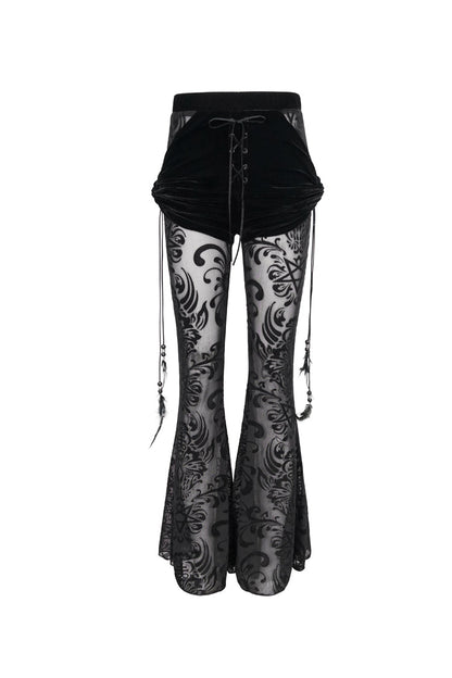Black Flocking Mesh Side Hanging Feather Pendant Fake Two-Piece Long Women's Gothic Flared Pants