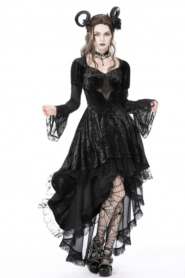 Black Long Puff Sleeves High Low Irregular Multi-Layered Lace Women's Gothic Velvet Dress