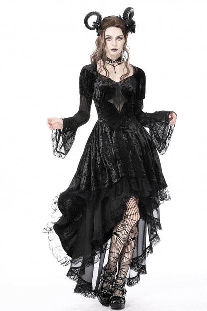 Black Long Puff Sleeves High Low Irregular Multi-Layered Lace Women's Gothic Velvet Dress
