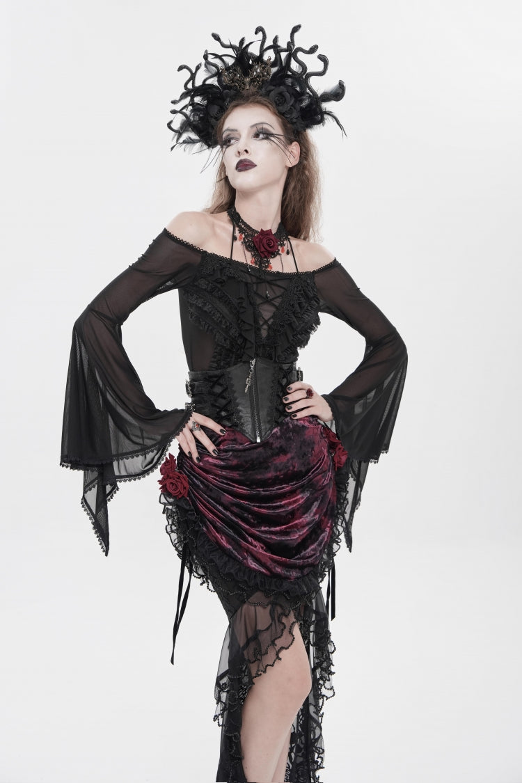 Black Crochet Lace-Up Slim Zippered Women's Gothic Accessory Zip Girdle
