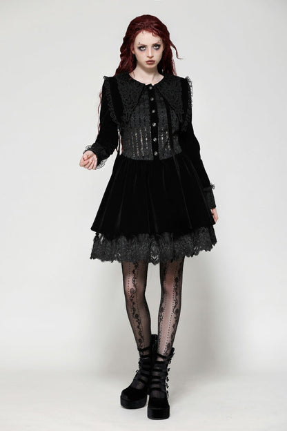 Black Long Sleeves Lace Women's Gothic Velvet Short Dress