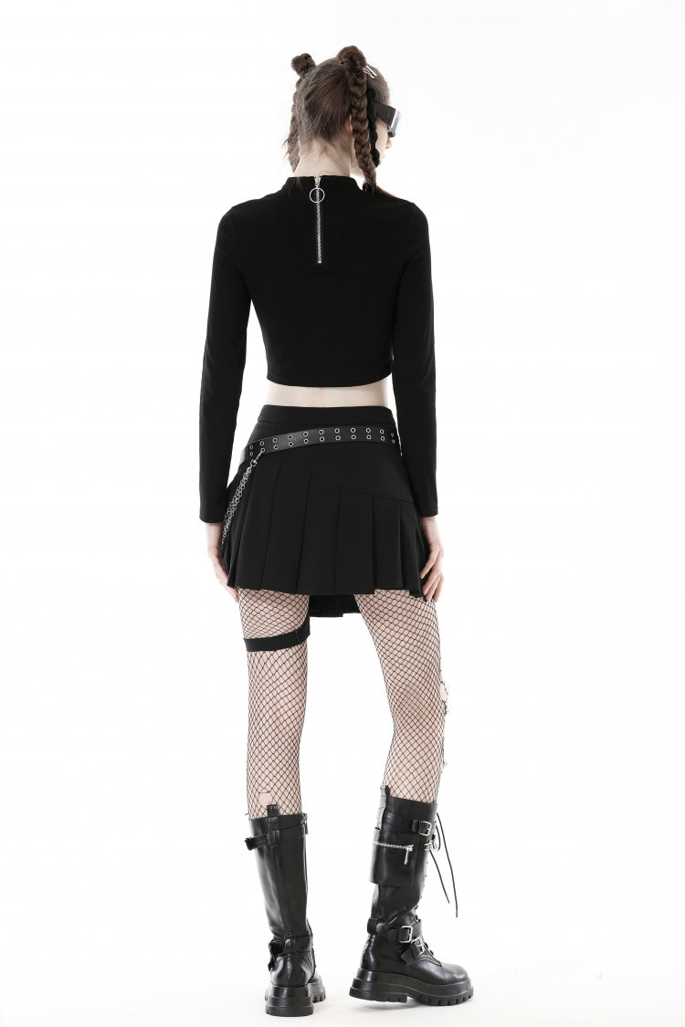Black Long Sleeves Cut-Out Spliced Mesh Zippered Strappy Eyelet Women's Punk Crop Top