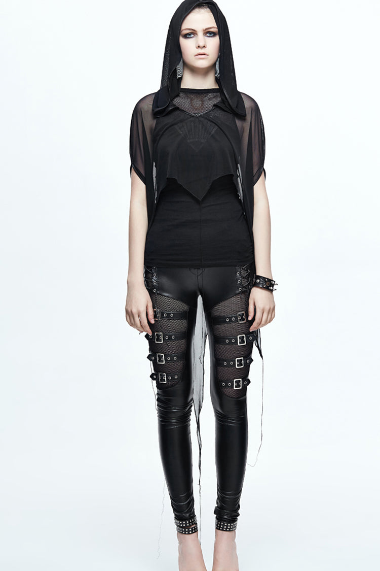 Black Mesh Wavy Sideline Long Women's Punk Hooded Bat Shawl