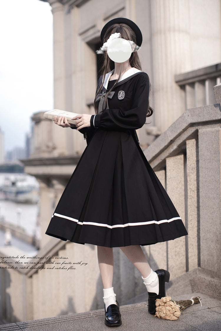 Black Navy Collar Long Sleeves Bowknot Sweet Japanese College Style Elegant Lolita Dress