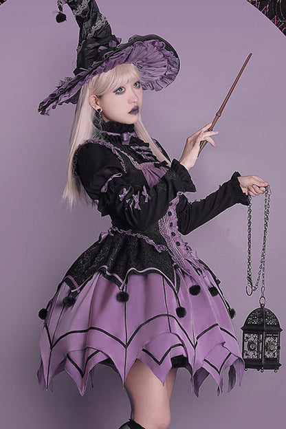Black / Purple Round Collar Ruffled Long Sleeves Waist Irregular Hem Imp Sweet Lolita OP Dress Full Set