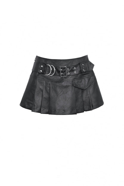 Black Faux Leather Metal Belt Buckled Pleated Women's Punk Mini Skirt