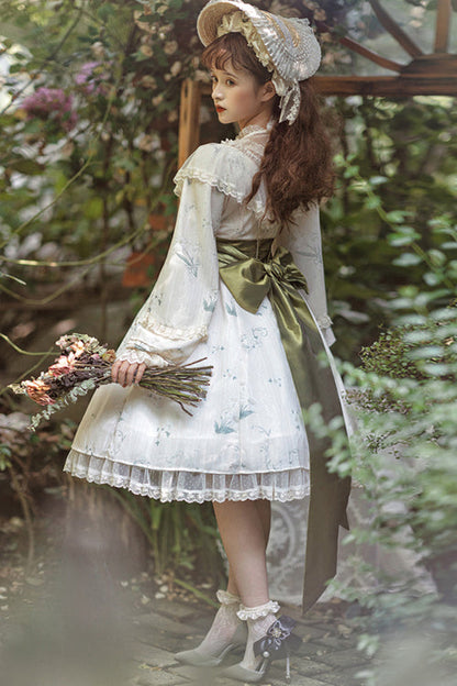 Beige Lace Round Collar Ruffled Lantern Sleeves Fresh Floral Print Sweet Lolita OP Dress