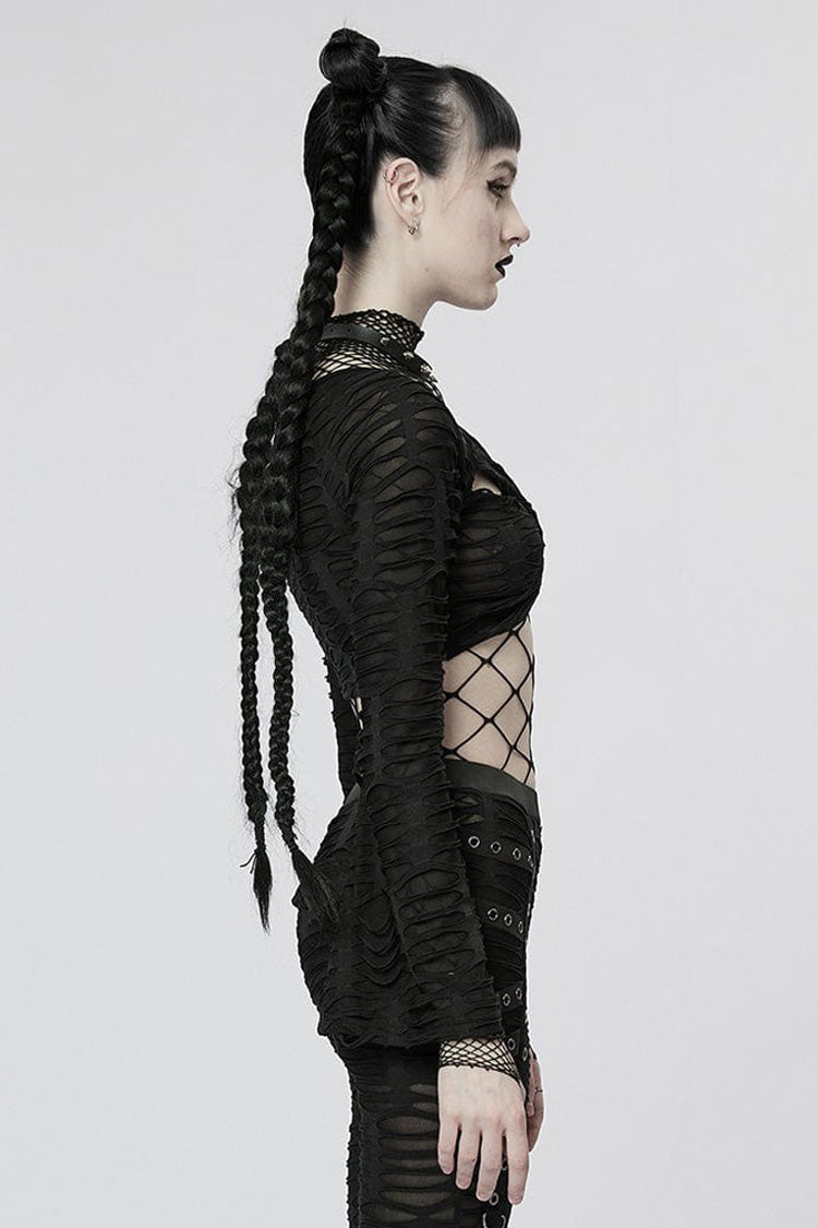 Black Long Sleeve Creative Twist Stretch Sexy Women's Gothic T-Shirt