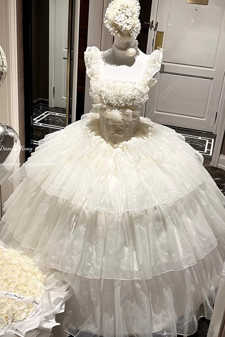 Beige [Mousse Serenade] Triple-Layered Ruffled Hanayome Bow Lace Sweet Princess Lolita Strapless Dress