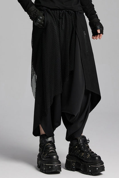 Black Mesh Asymmetric Zipper Men's Punk Pants