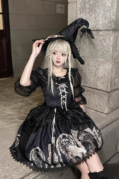 Black Eternal Night Print Ballet Lace-Up Gothic Punk Lolita Jsk Dress